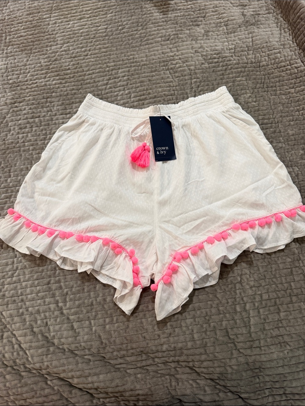 Crown & Ivy White Shorts with Pink Pom-Pom Trim